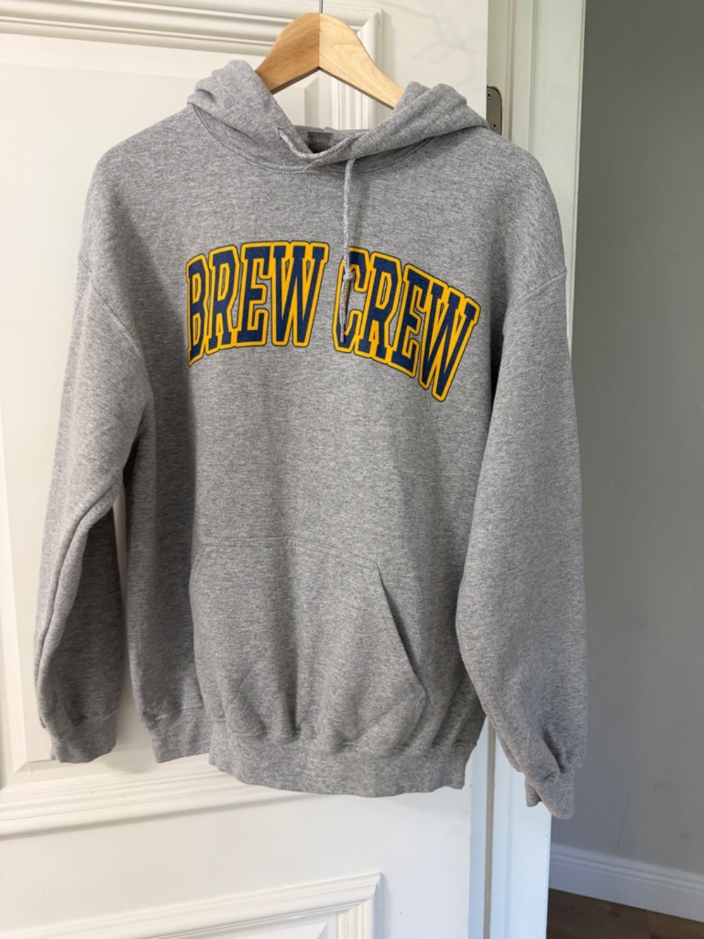 Gildan Gray Hooded Sweatshirt with Yellow 'Brew Crew' Script Milwaukee Brewers
